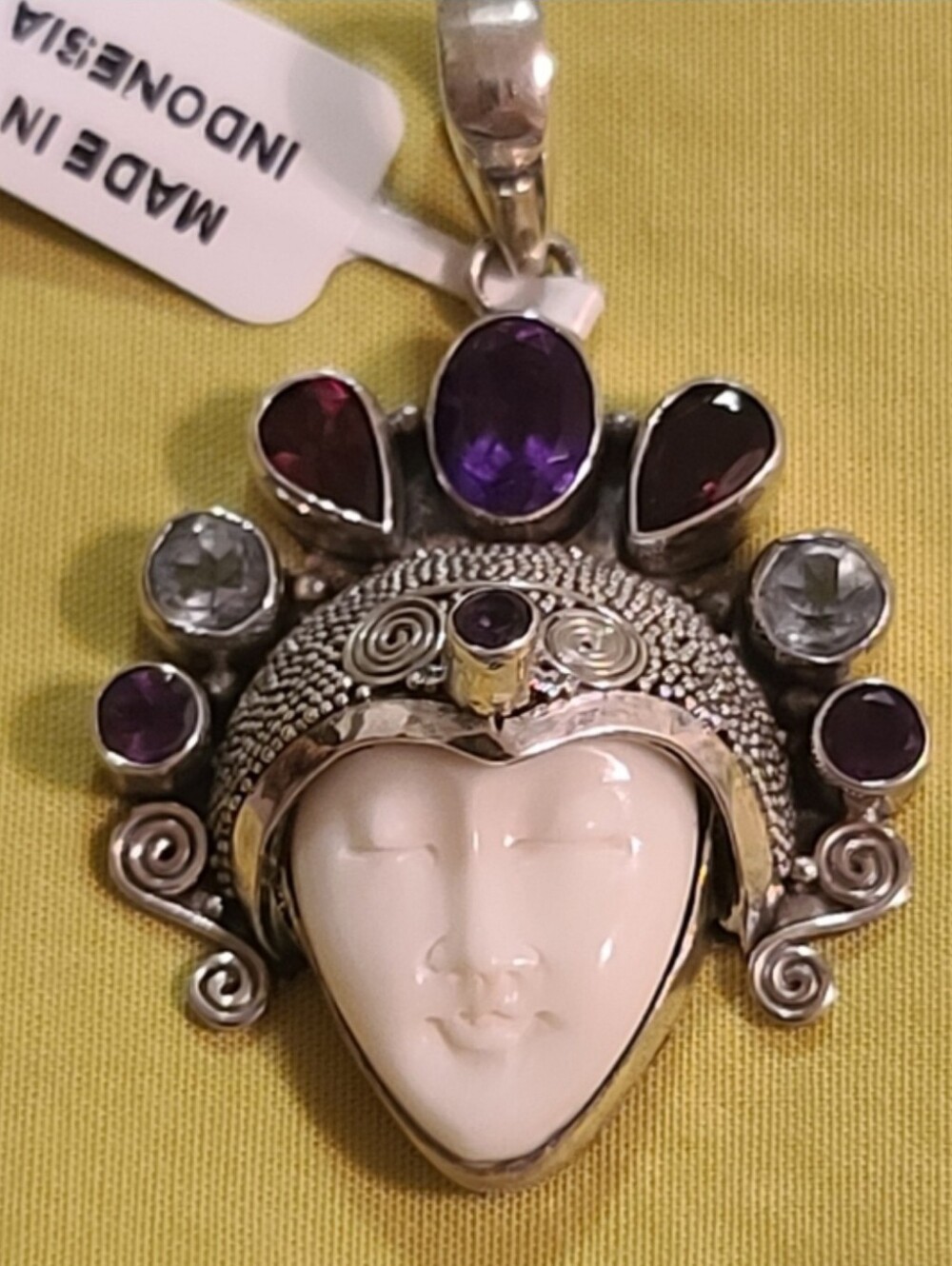 Indonesian Serene Face Amethyst, Pink Tourmaline, and Blue Topaz Crown Pendant